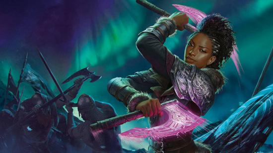 Promotional art of Kaya the Inexorable, one of the planeswalkers from the new Magic: The Gathering set Kaldheim. Her card's ability is related to the card Valor of the Worthy - today's card reveal.