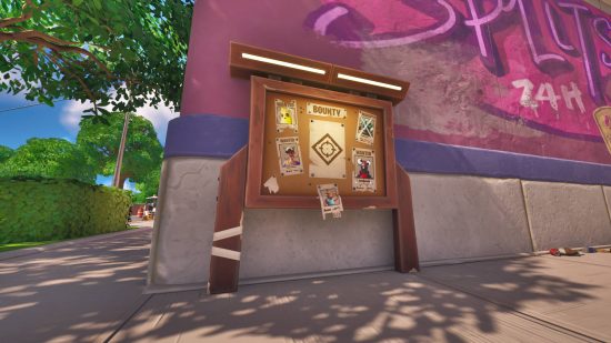 Fortnite bounty boards - a town hall-style board with bounty written on it. Some wanted posters with mug shots of the island's inhabitants are posted on it.