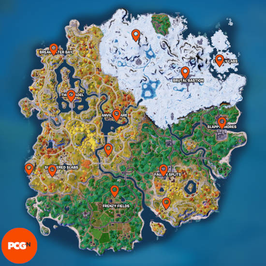 Fortnite Bounty Boards-バウンティボードの場所を示すオレンジ色のピンを備えた島の地図。