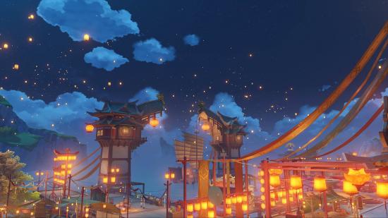 Lanterns floating through the sky during Genshin Impact's Lantern Lite festival
