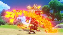 An arc of flame surrounds a character fighting a large foe