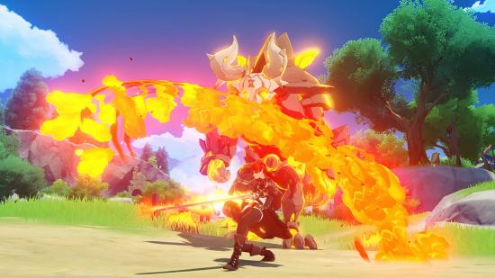 An arc of flame surrounds a character fighting a large foe