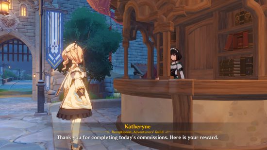 Barbara converses with Katheryne, the receptionist for the Adventurer's Guild in Mondstadt, who provides the daily commissions that help with Genshin Impact leveling.