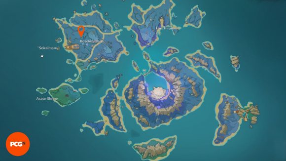 Et kort, der viser helligdommen på dybder på Seirai Island