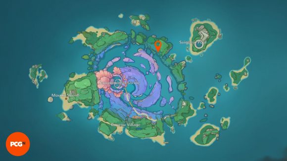 Mapa ukazující svatyně hloubky na ostrově WATATSUMI Island