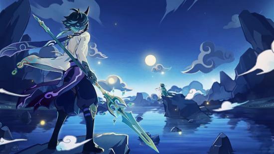 Genshin Impact's Xiao watches over a lake at night in Teyvat