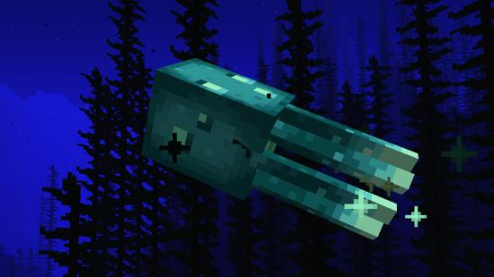 Minecraft Glow Squid: Egy türkiz csapat úszik az óceánon, gondolkodva a saját vállalkozásának