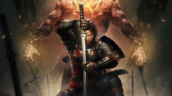 A representation of the main protagonist of Nioh 2, complete with yokai form behind him.