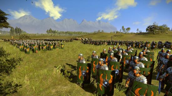 Legionários romanos em brutii verde em um campo