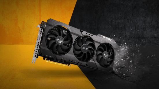Asus's TUF Nvidia RTX 3060 graphics card against a yellow and stone grey background, showing its namesake by breaking the ground