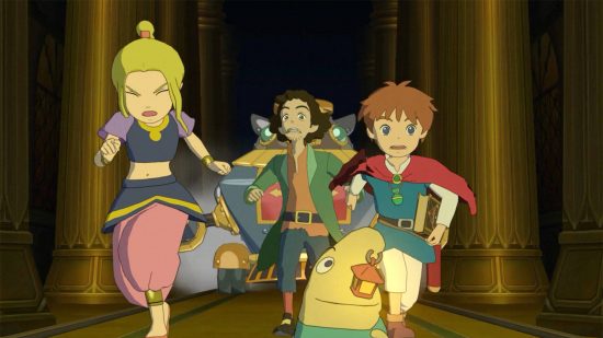 Best games like Pokémon - the main characters from Ni No Kuni Wrath of the White Witch running away from a trap.