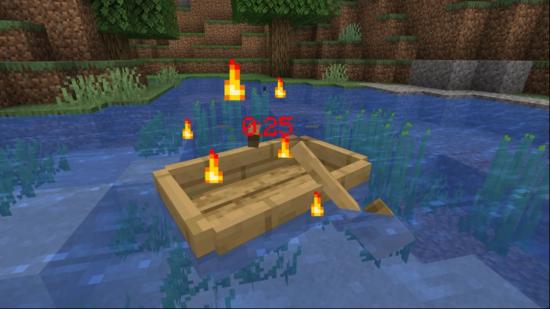 A basic paddle boat on water in Minecraft with countdown over it