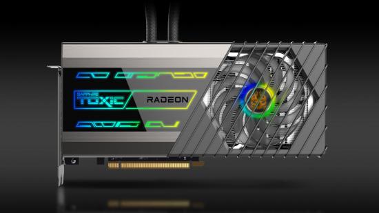 Sapphire's all-in-one liquid cooled graphics card with a built-in fan and blue, green, and yellow RGB lighting