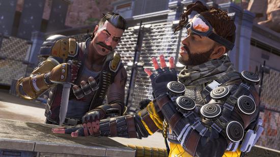 Fuse and Mirage going head-to-head in an arm wrestle in Apex Legends