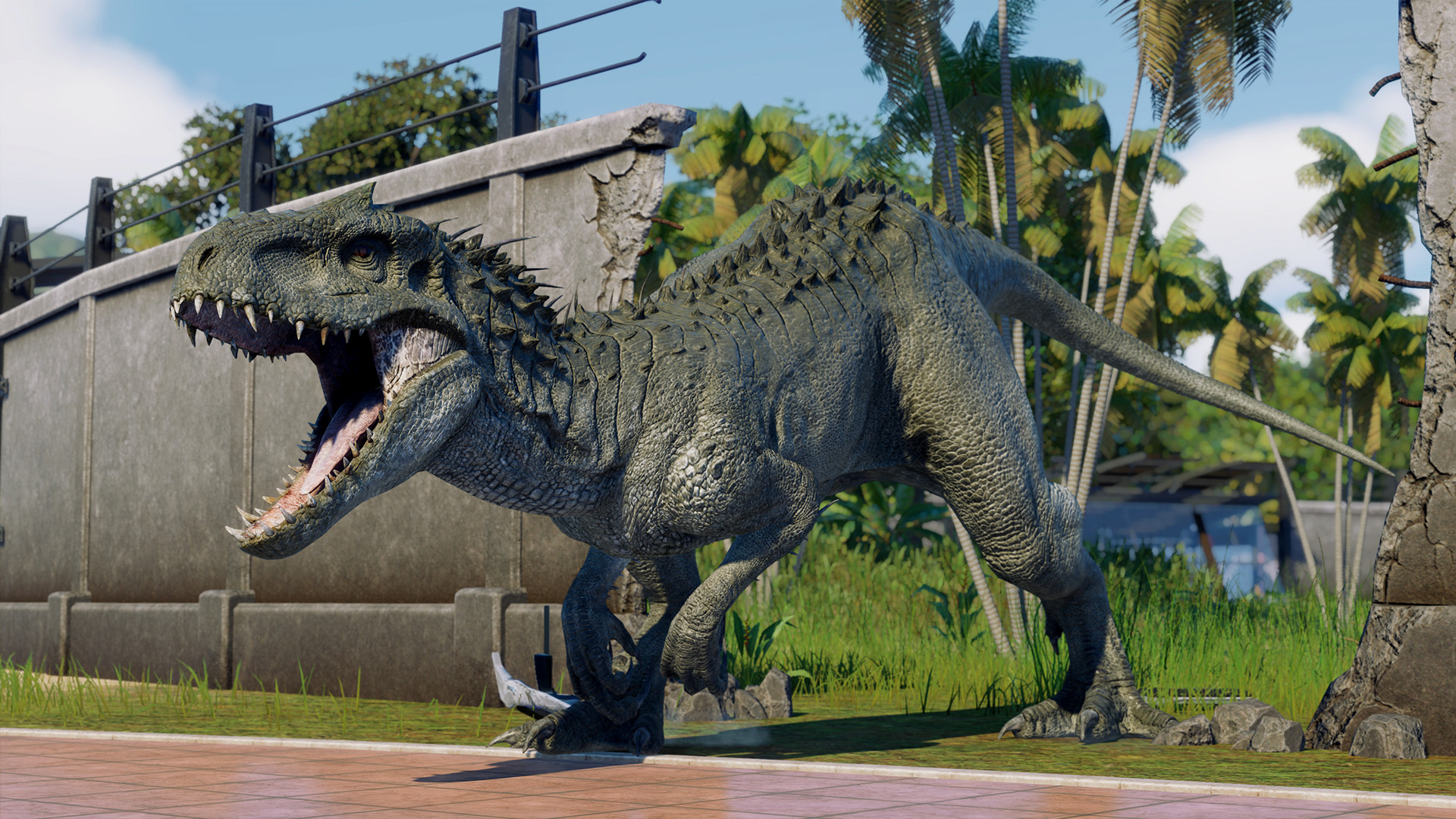 Một con khủng long phá vỡ một bức tường trong Jurassic World Evolution 2