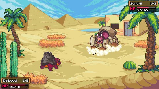 Best games like Pokémon - a Embaual is fighting against a Sandril in the middle of a desert oasis in Coromon.