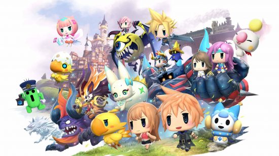 Най -добри игри като Pokémon - Chibi версии на Final Fantasy герои и чудовища, стоящи в клъстер в света на Final Fantasy