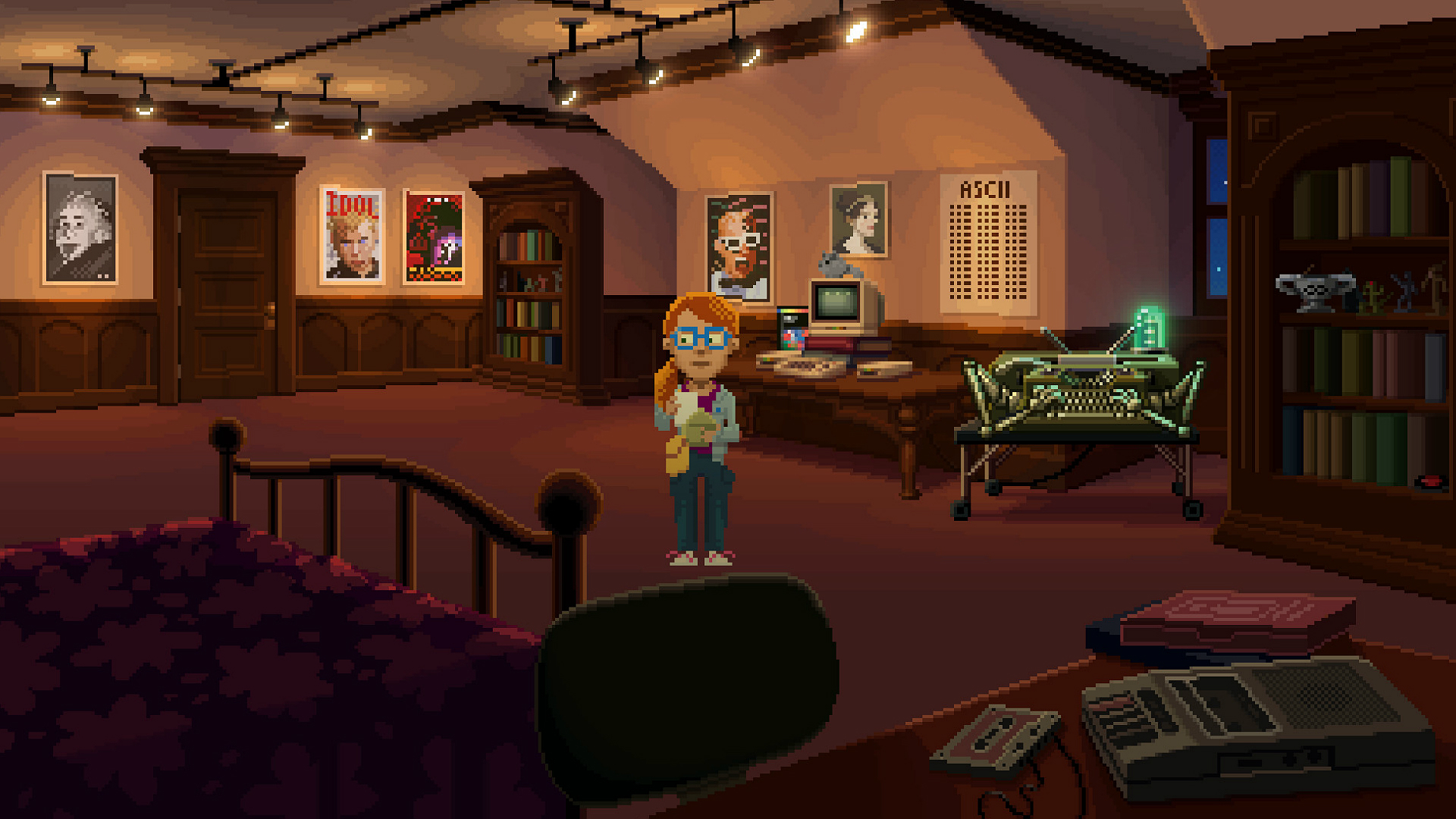 Best retro games: Thimbleweed Park. Image shows a girl standing in a bedroom with various pop culture themed posters around her.