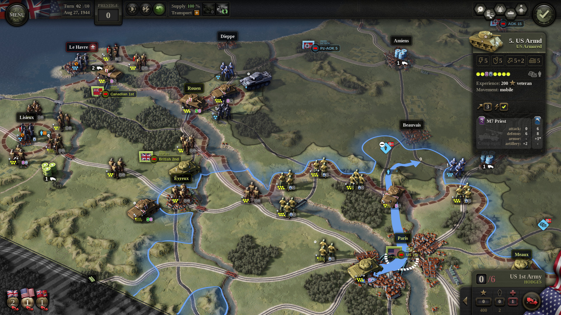 ベストウォーゲーム：コマンド2の統一2.画像は、さまざまな戦略的ルートと兵士がレイアウトされた地図を示しています。