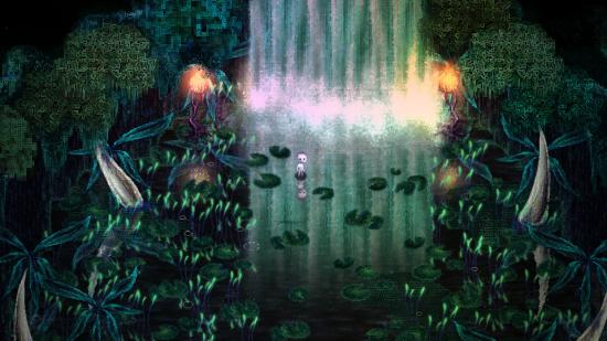 Screenshot of indie game Dap, featuring a small, white creature in a swampland by a waterfall