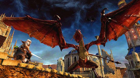 Fighting a dragon near the coast in Dark Souls 2