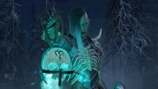 DBD Necromancer, най-добрият клас D4, държи светещ череп пред тях, тъй като очите им светят зелено-синьо като черепа