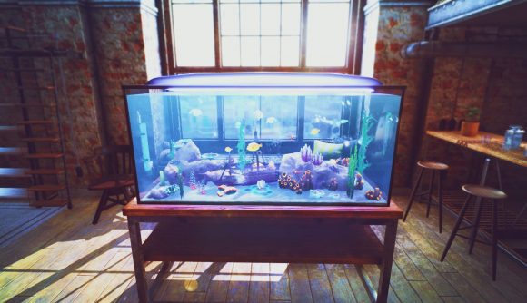 An aquarium in a modern apartment in simulator game Fishkeeper