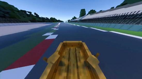 A boat racing through the Monza F1 track in Minecraft