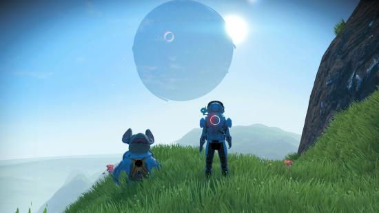 A spaceman stands next to his giant, rat-like pet looking at a blue sky and planet ahead
