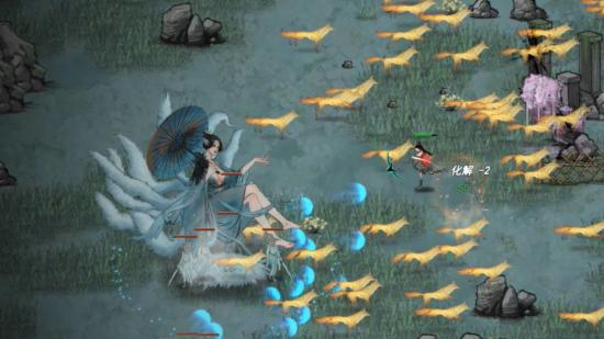 Lady with blue dress and umbrella sits on a cloud with orange foxes dashing all around