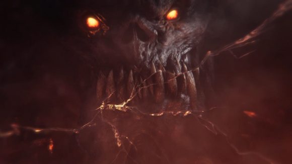 The rageful face of a Bloodthirster, a Greater Daemon of Khorne, stares back at Tsarina Katarin of Kislev through a cracked mirror in Total War: Warhammer 3
