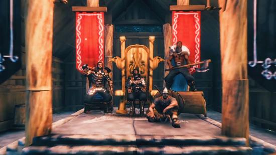 Štyria vikingskí bojovníci, ktorí sedia v hale vo Valheime