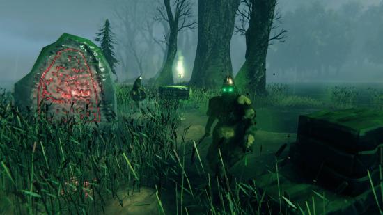 A swamp biome with a runestone and draugr in Valheim