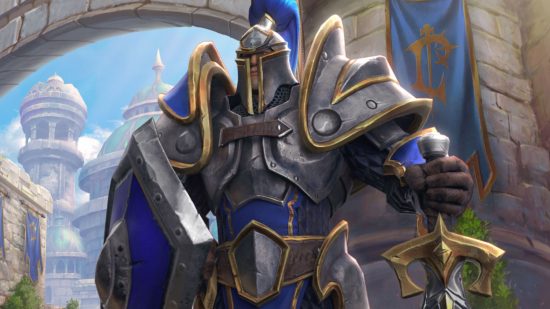 How the Warcraft 3 community is reforging the classic RTS: A huge knight in silver with a blue plume stands in front of a stony archway