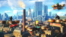 Four players piloting cargo drones in Watch Dogs Legion's multiplayer mode