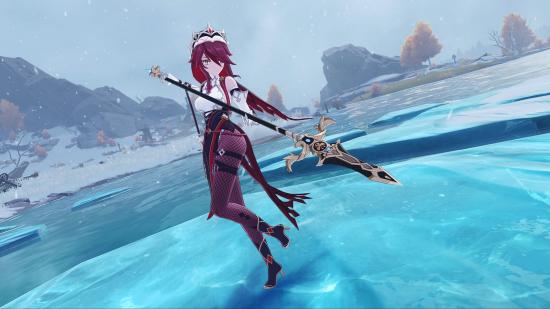 A red hair anime girl with a spear, wearing a white top, and wine red leggings