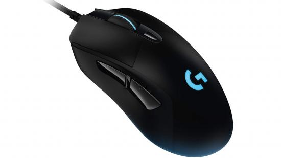 Logitech G403 gaming mouse with a blue LED sitting against a white background