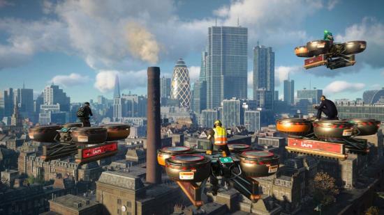 Four Watch dogs LEgions characters, sitting on drones over the London skyline