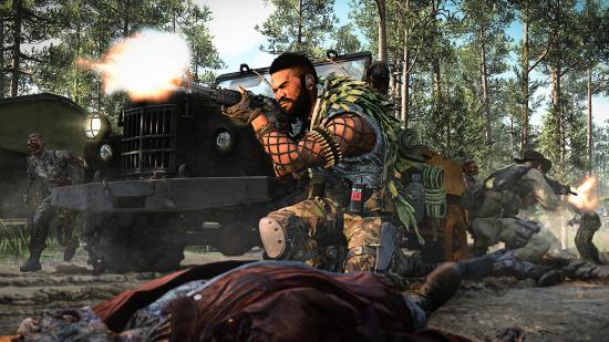 A man crouches in Call of Duty: Cold War's Outbreak mode and shoots into a horde of zombies