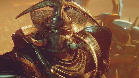 Destiny 2's Caiatl, Empress of the Cabal, stares defiantly at the camera, her orange eyes aglow and her ornate headress and golden armour lit by a fiery sun