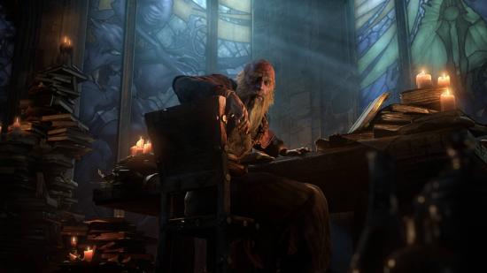 Deckard Cain looking over some books in a chapel in Diablo 3.