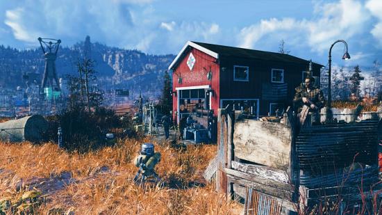 A Fallout 76 players looks out upon his barn
