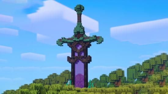 A Minecraft Nether portal in the shape of a giant sword