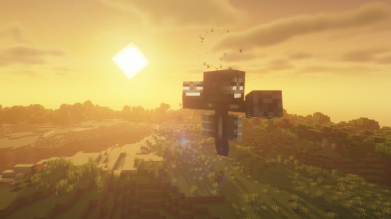 A Minecraft wither flies across the sky under a sunset