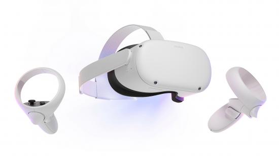 White VR headset with two controllers