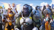 Overwatch 2 release date: Winston standing alongside Echo, Mercy, Tracer, Reinhardt, and Brigitte