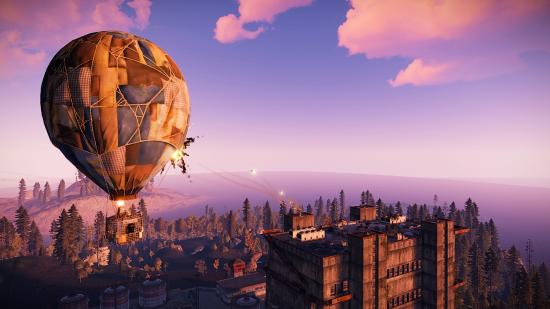 A hot air balloon floating through the sky in Rust