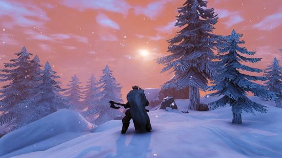 A Viking stares off into the sunset in Valheim