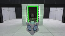 Portal's cube and facing into of the new green portals showing the same room and cube 20 years in the future, like a reflection