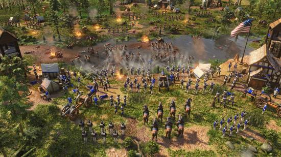 A force of US soldiers hold a river crossing in Age of Empires 3 against advancing british